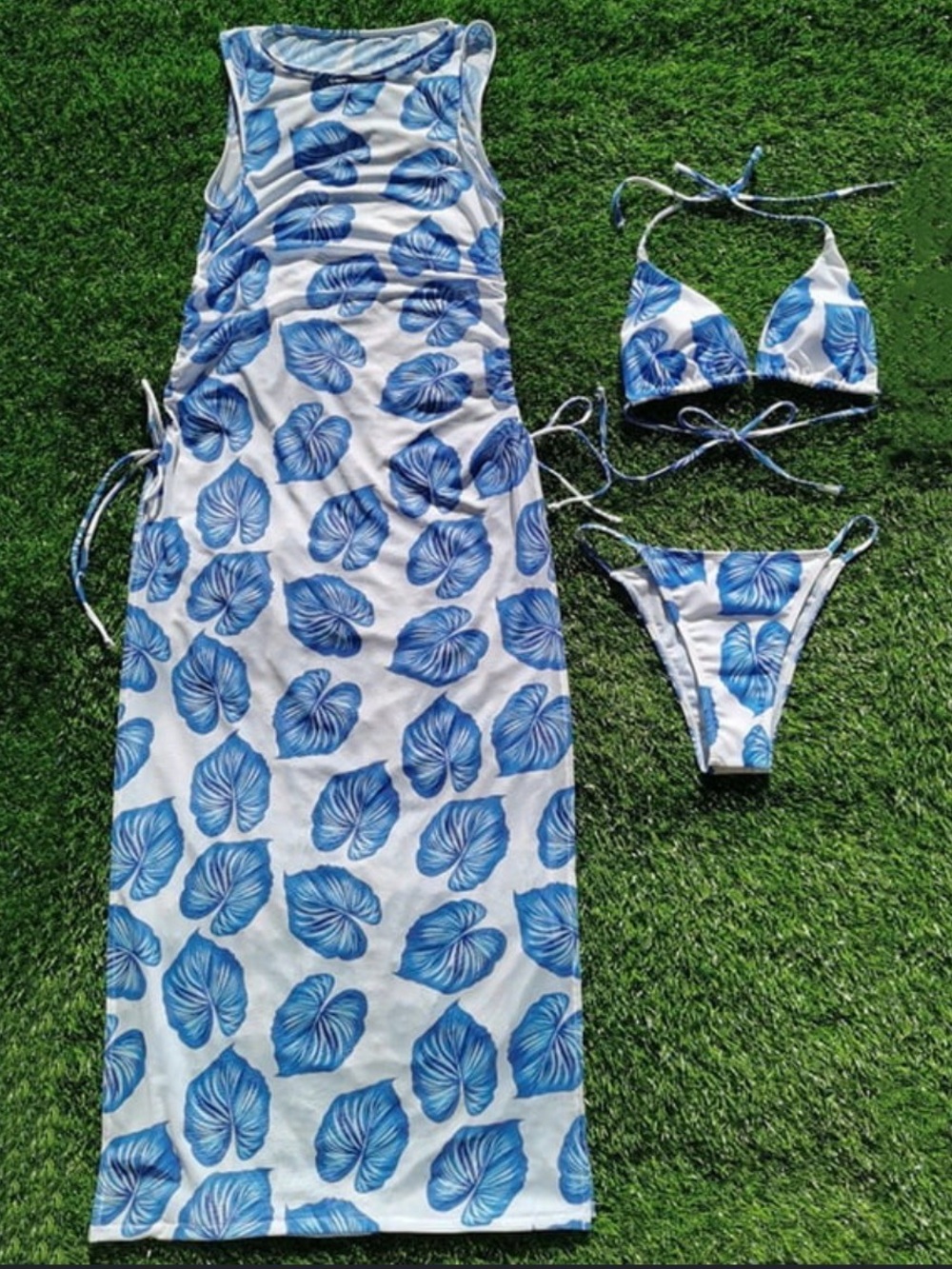 Blue Leaf Print Bikini Set with Matching Maxi Cover-Up